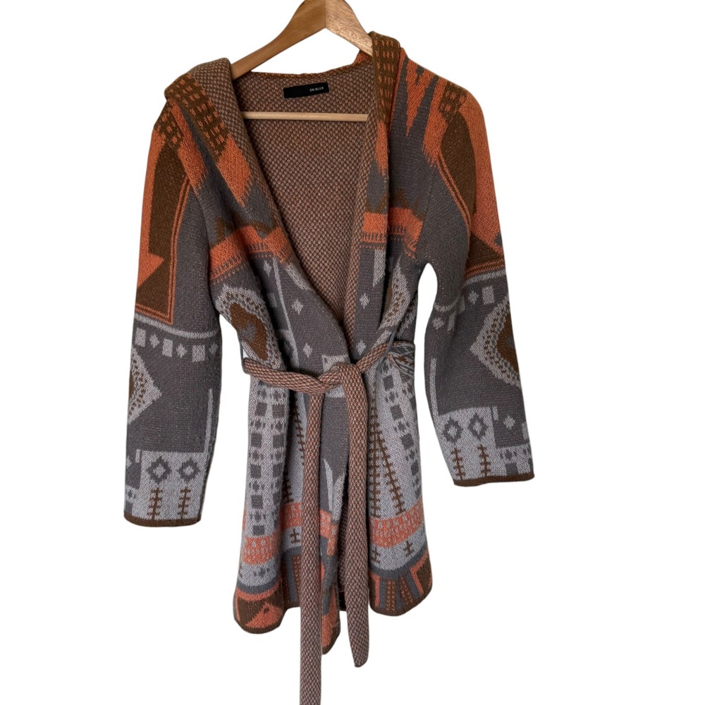 On Blue Hooded Cardigan Women L Grey Orange Aztec Geometric Belted Excellent